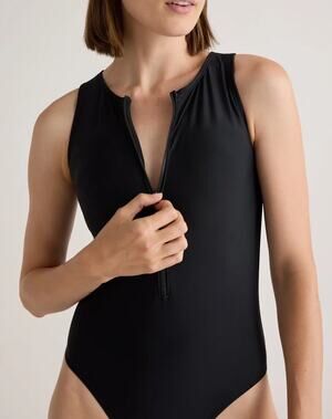 NWT Quince Italian Zip Front One Piece Swimsuit Black Size Small Swimwear Beach